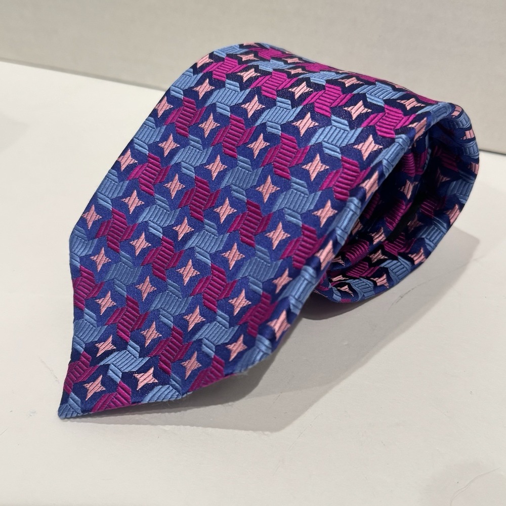 DUCHAMP London DL Luxury Necktie Tie Ties Mens Unisex SILK Pink Blue‎ Geometric